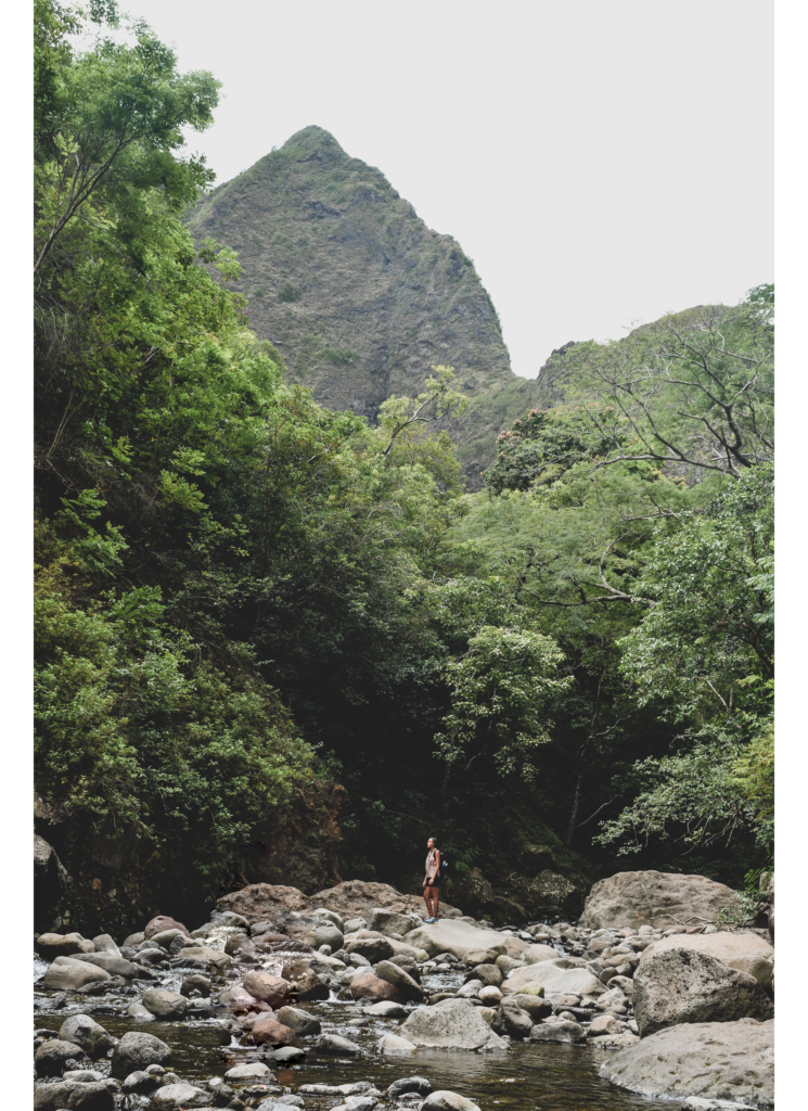 girl standing in the middle of the Iao Valley Stream